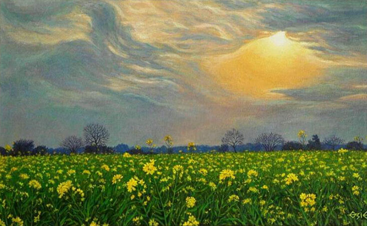 Landscape painting of a golden sunset glowing through blue-gray clouds above a field of yellow mustard flowers.